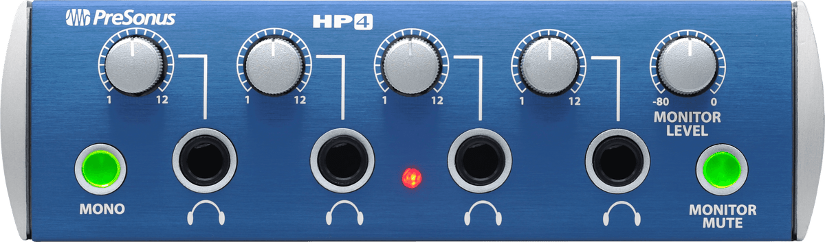 Amplificador de audífonos PreSonus HP4 vista principal completa sobre fondo blanco