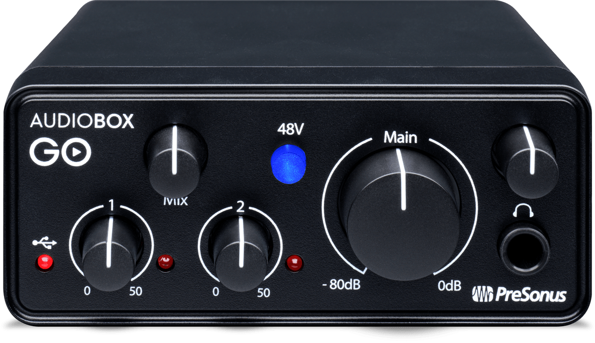 Interfaz PreSonus AudioBox GO del combo sobre fondo blanco
