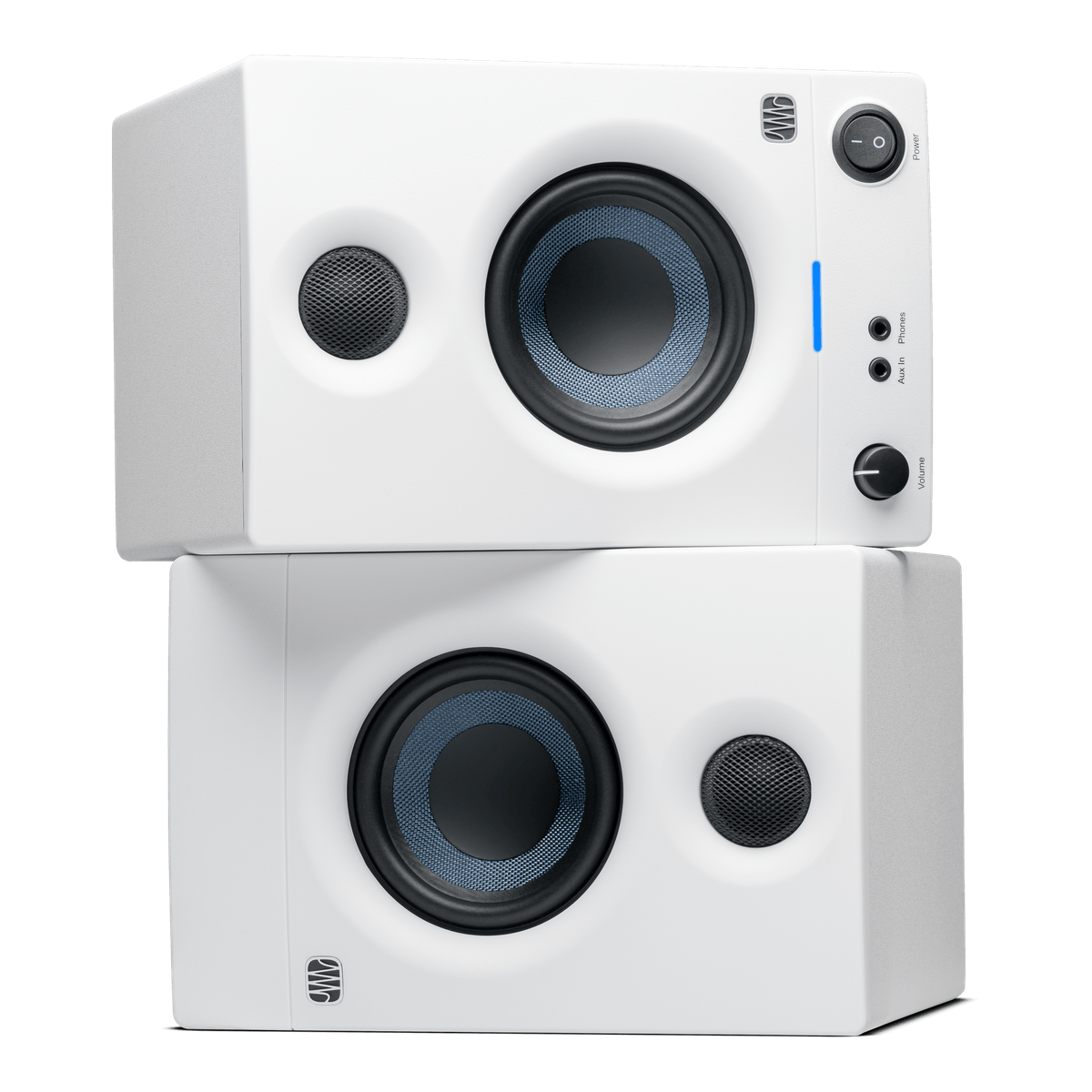 Par de monitores PreSonus Eris 3.5 blancos, vista oficial adicional