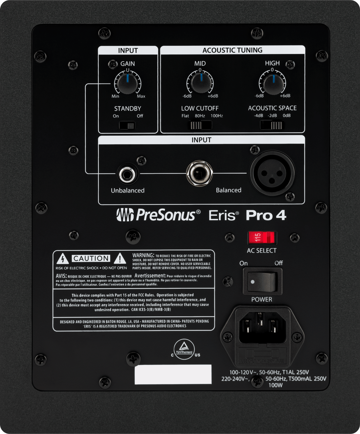 Monitor de estudio PreSonus Eris Pro 4 vista posterior completa sobre fondo blanco