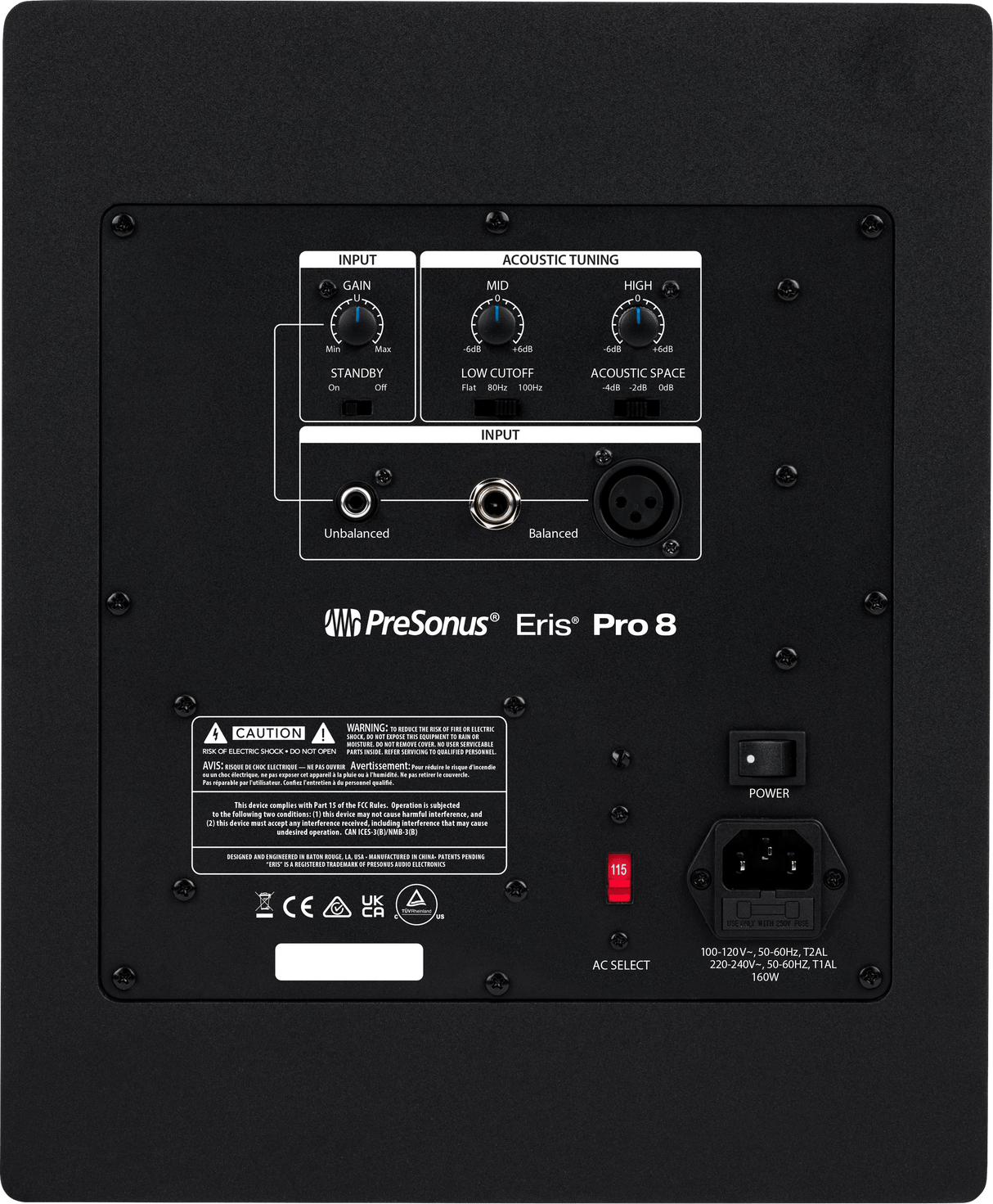 Monitor de estudio PreSonus Eris Pro 8 vista posterior completa sobre fondo blanco