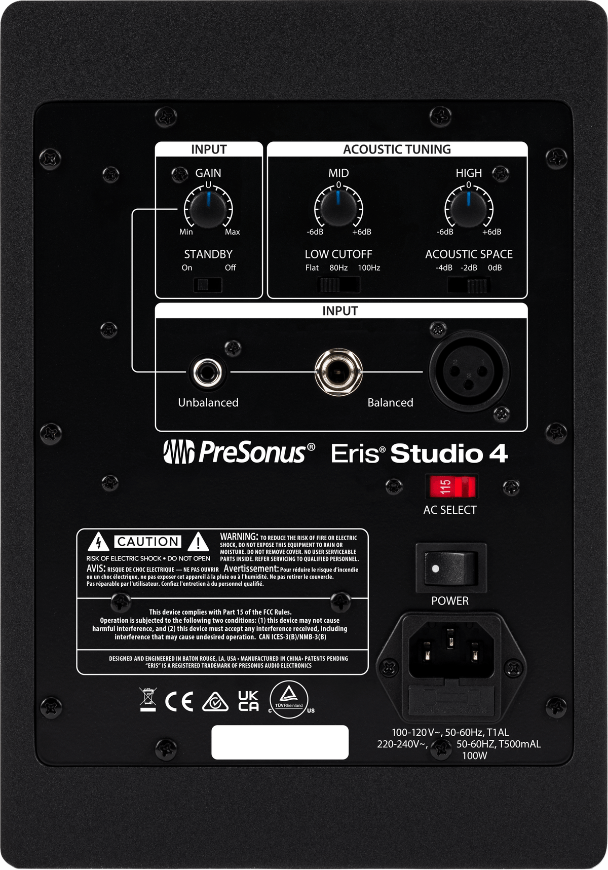 Monitor de estudio PreSonus Eris Studio 4 vista posterior completa sobre fondo blanco