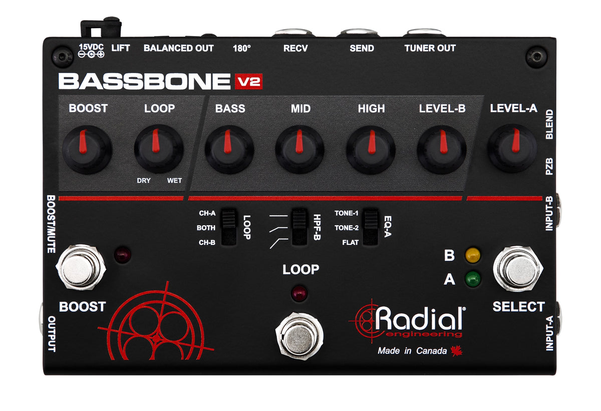 Preamplificador y Caja Directa Radial Bassbone V2 imagen oficial del producto completo