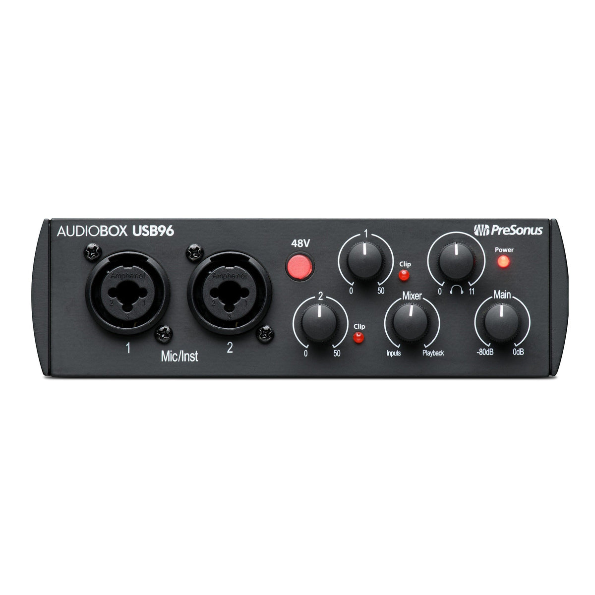 Interfaz PreSonus AudioBox USB 96 25th Anniversary, panel frontal con dos entradas y controles