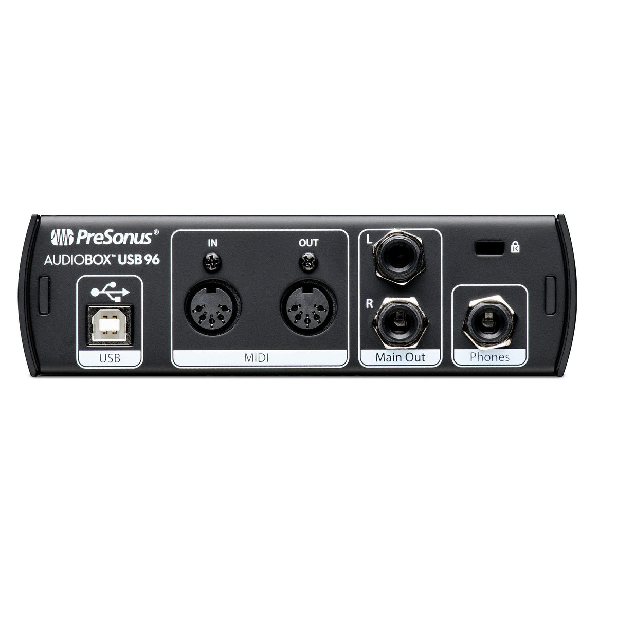 Interfaz PreSonus AudioBox USB 96 25th Anniversary, panel posterior con USB, MIDI, salidas principales y audífonos