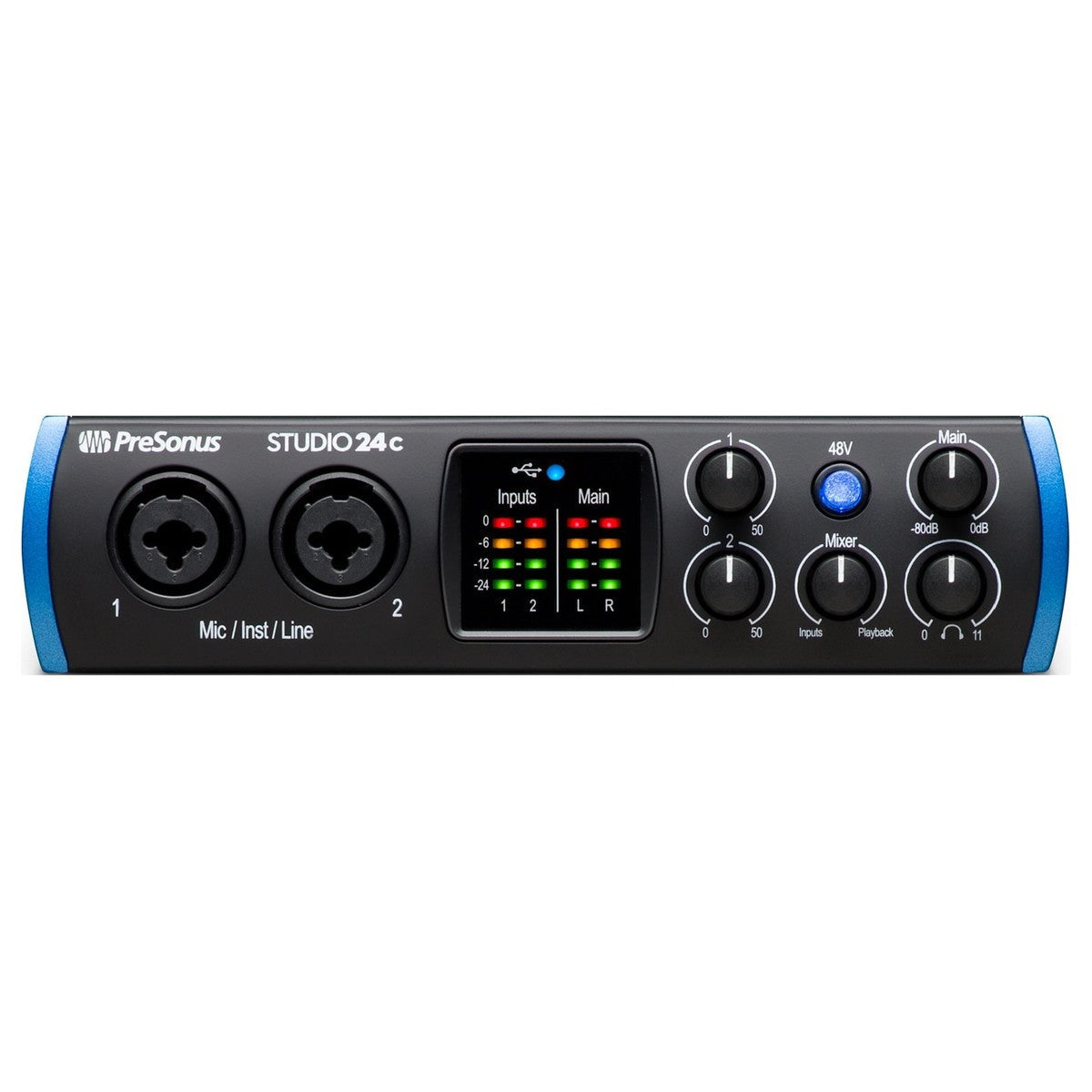 Interfaz PreSonus Studio 24c, panel frontal con dos entradas, medidores y controles
