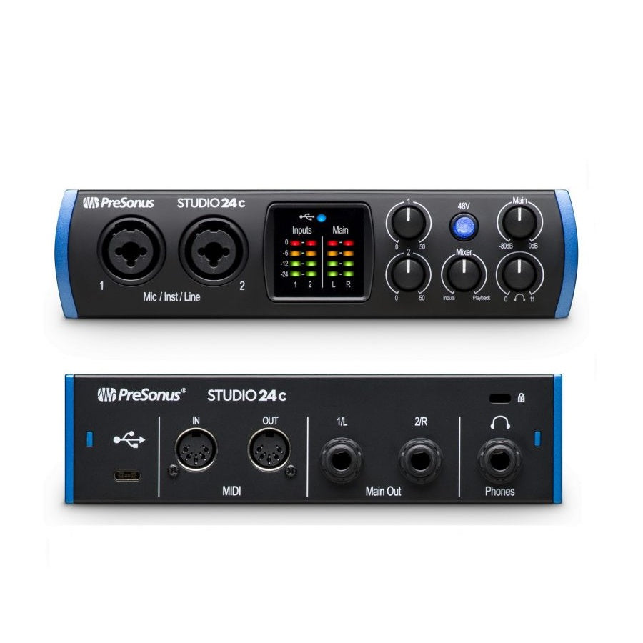 Interfaz PreSonus Studio 24c, panel frontal y panel posterior