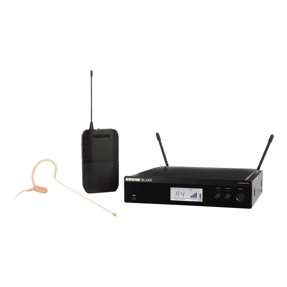 Sistema Shure BLX14R/MX53-H9 con receptor de rack, bodypack y micrófono auricular MX153