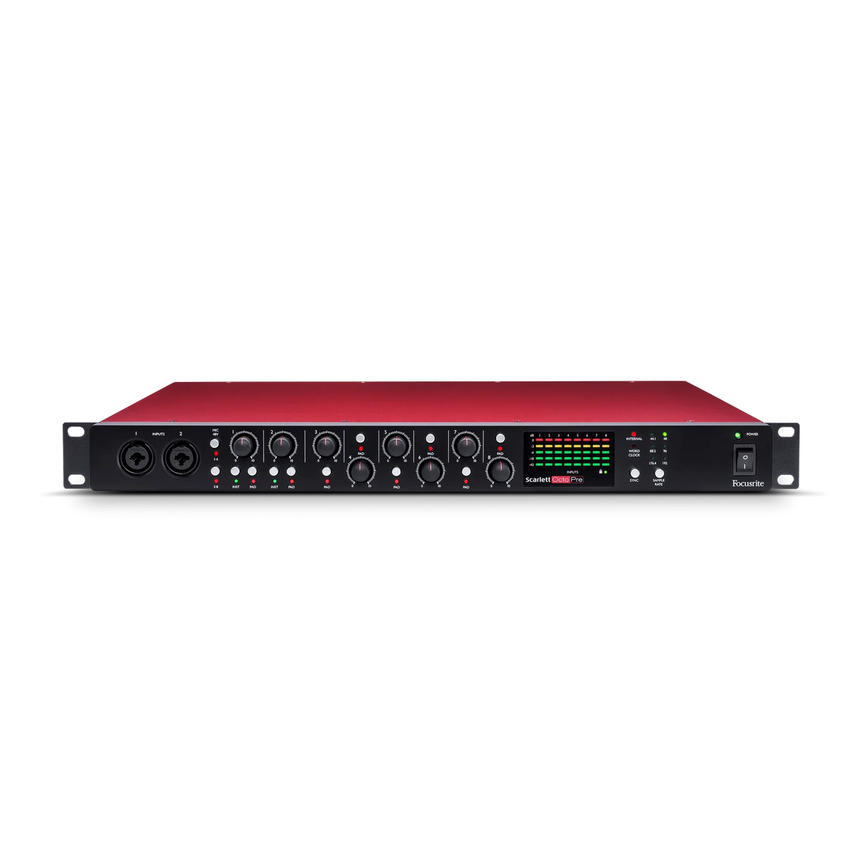 Preamplificador Focusrite Scarlett OctoPre en vista frontal elevada