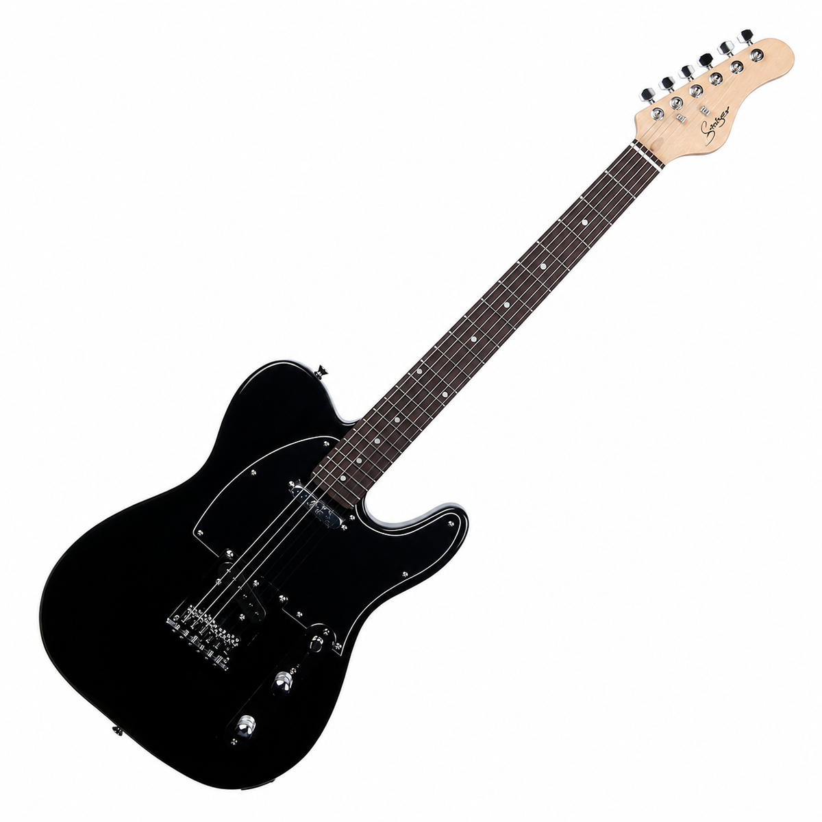 Guitarra eléctrica Telecaster Smiger negra completa en diagonal, cuerpo abajo a la izquierda y clavijero arriba a la derecha