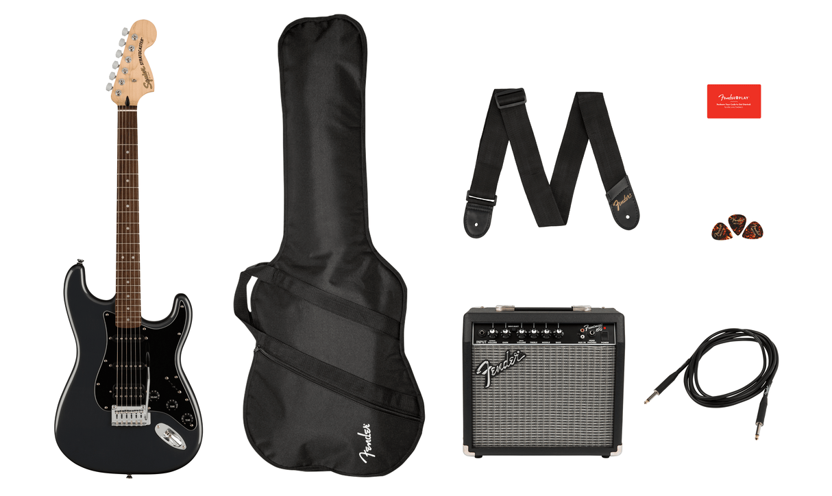 Combo Squier Affinity Series Stratocaster HSS Charcoal Frost Metallic con amplificador Frontman 15G