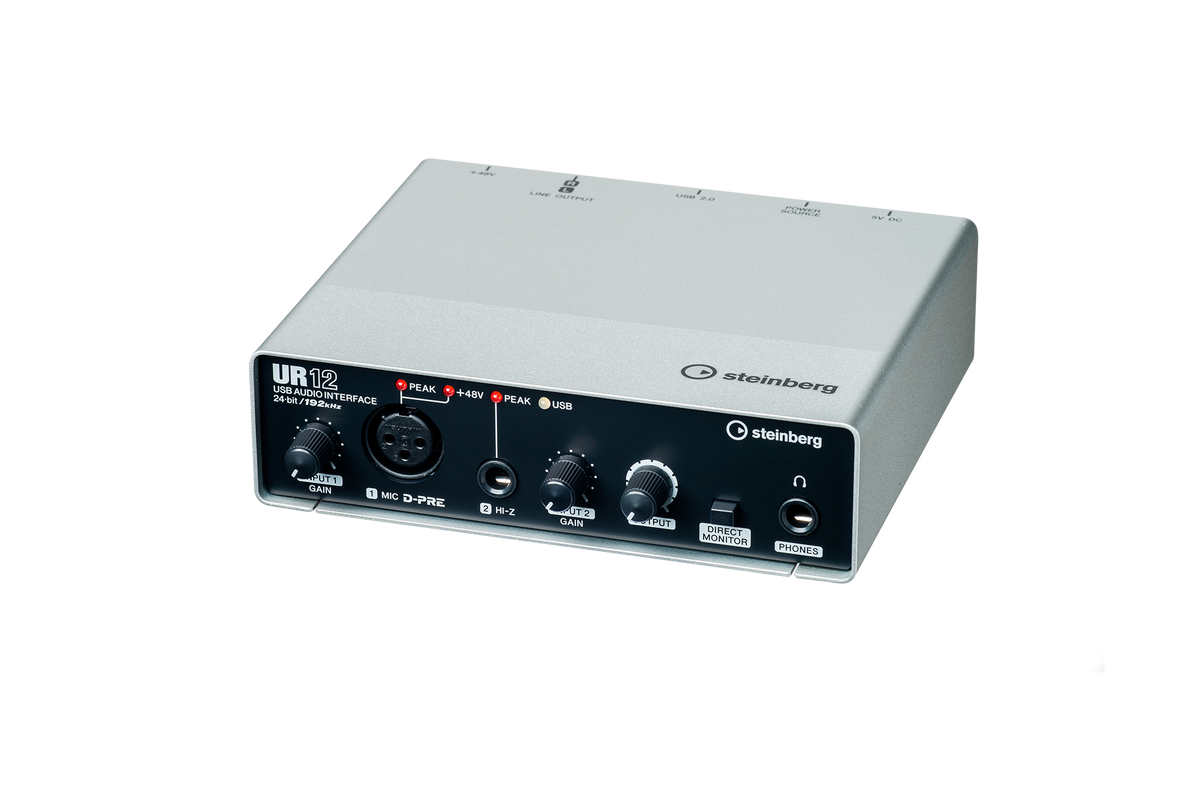 Interfaz de audio Steinberg UR12 plata y negro, vista lateral en perspectiva
