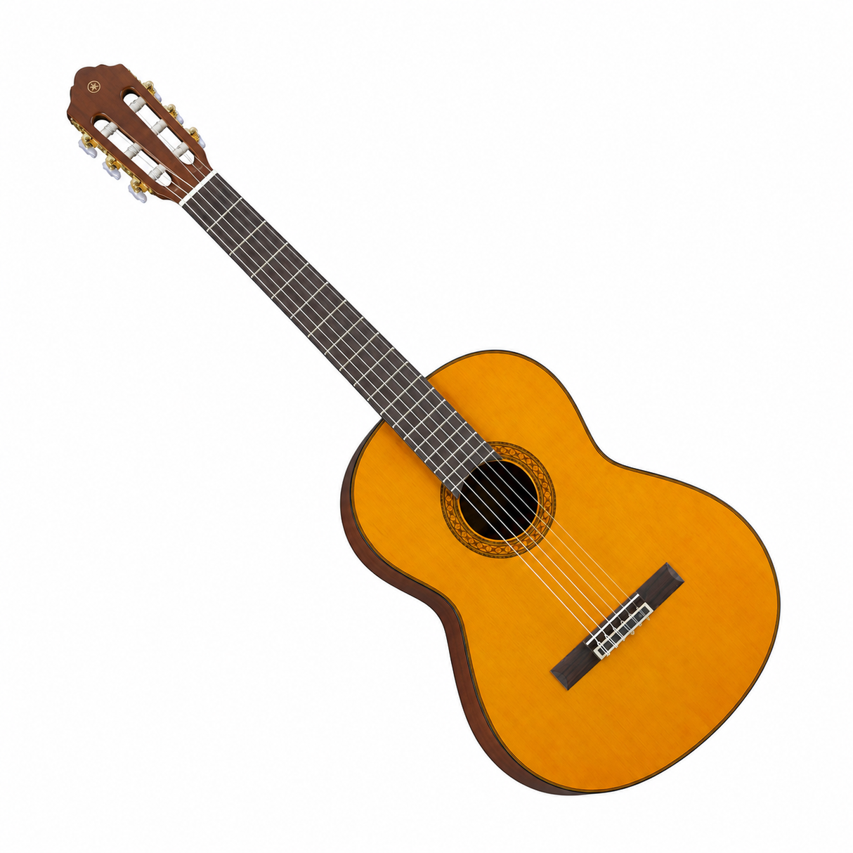 Guitarra clásica Yamaha C80 completa en diagonal sobre fondo blanco