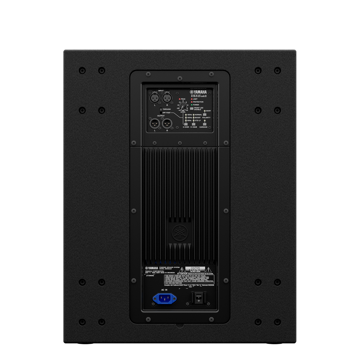 Subwoofer Yamaha DXS15mkII posterior sobre fondo blanco