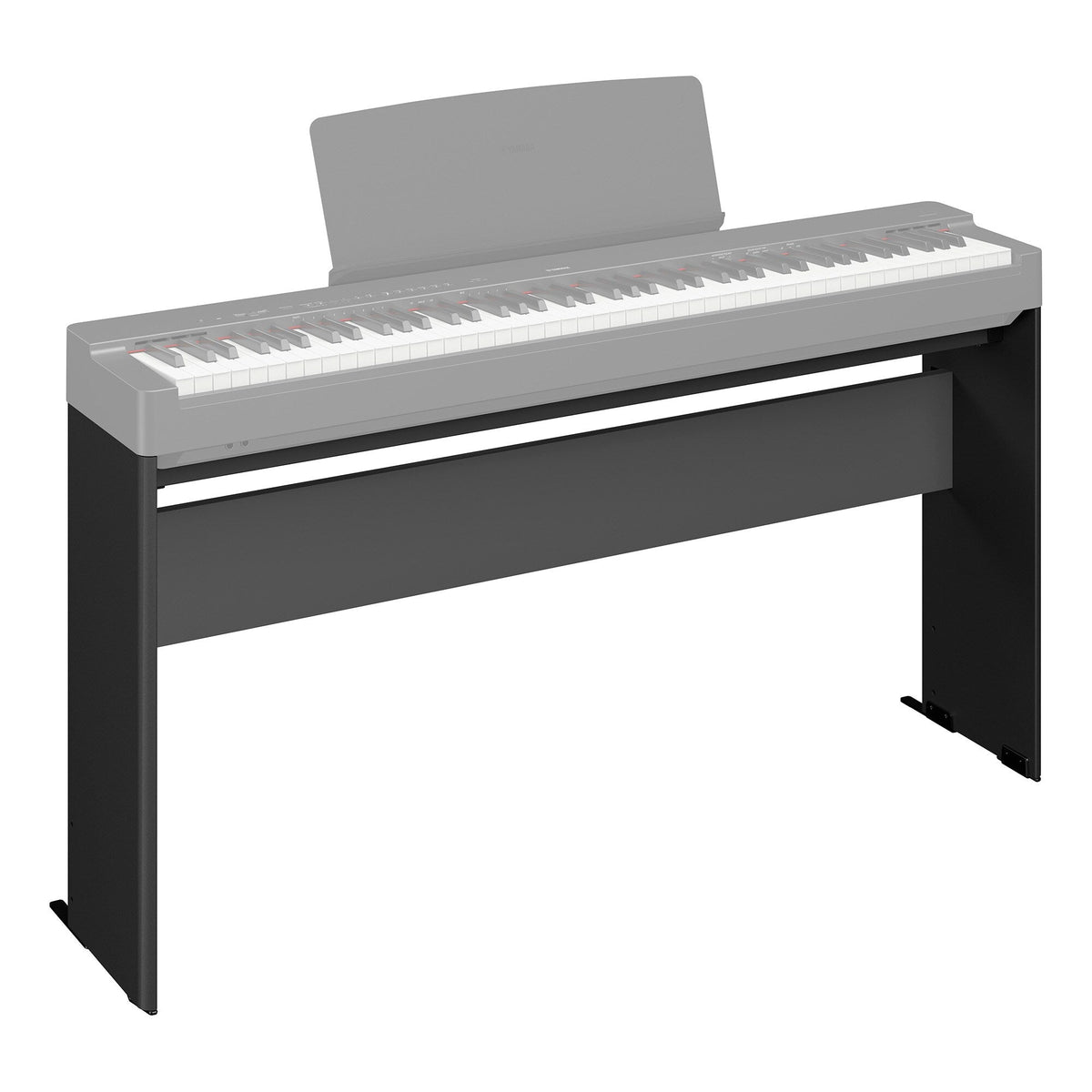 Soporte Yamaha L-100 negro instalado con piano digital compatible sobre fondo blanco