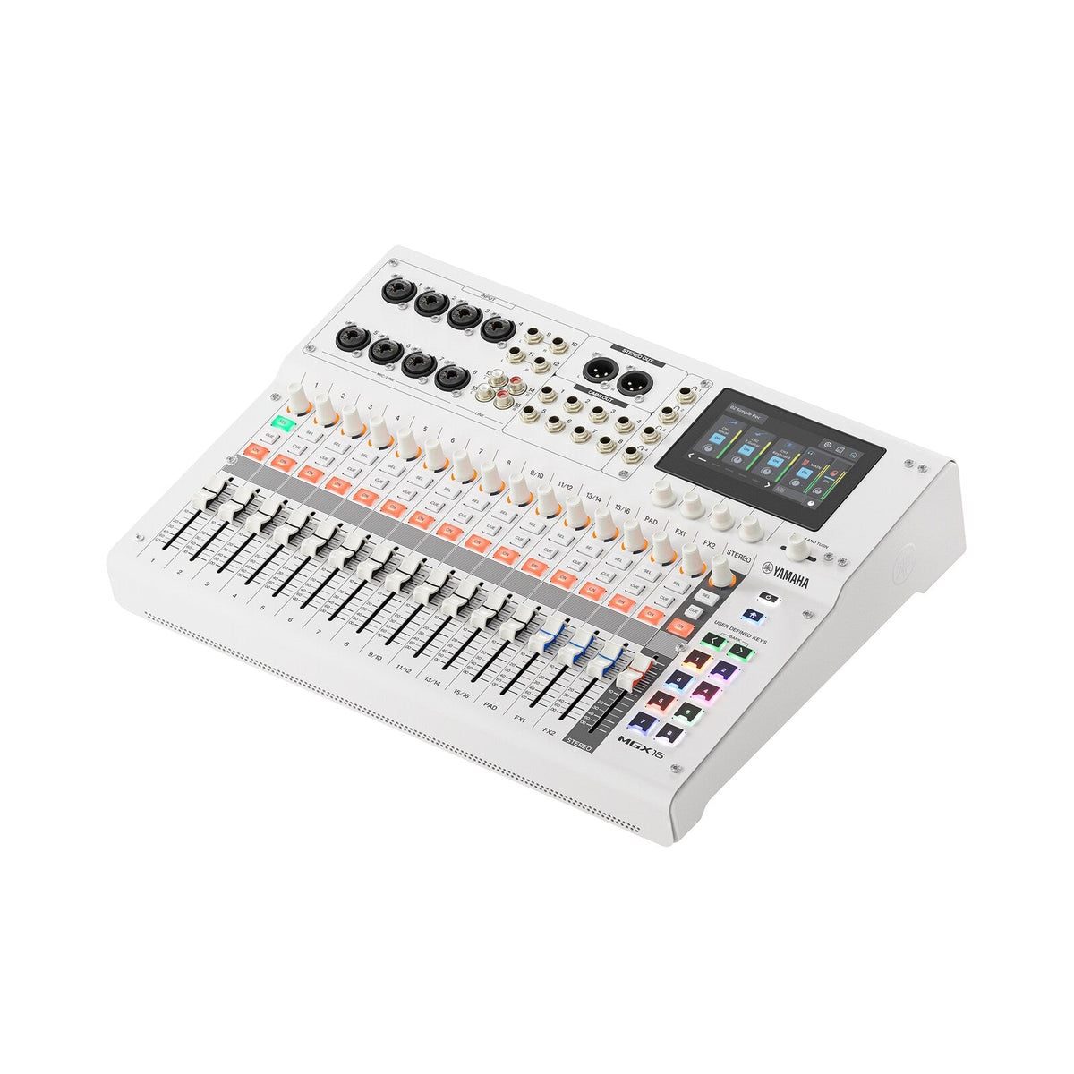 Consola digital Yamaha MGX16 W blanco en perspectiva sobre fondo blanco