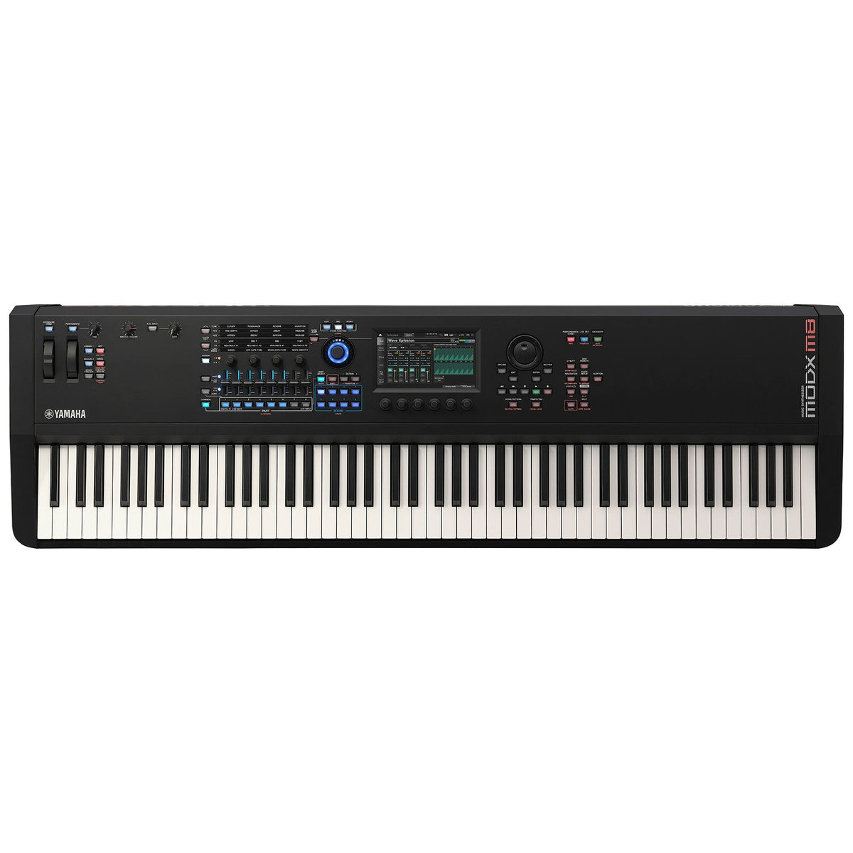 Yamaha MODX M8 en vista frontal horizontal sobre fondo blanco