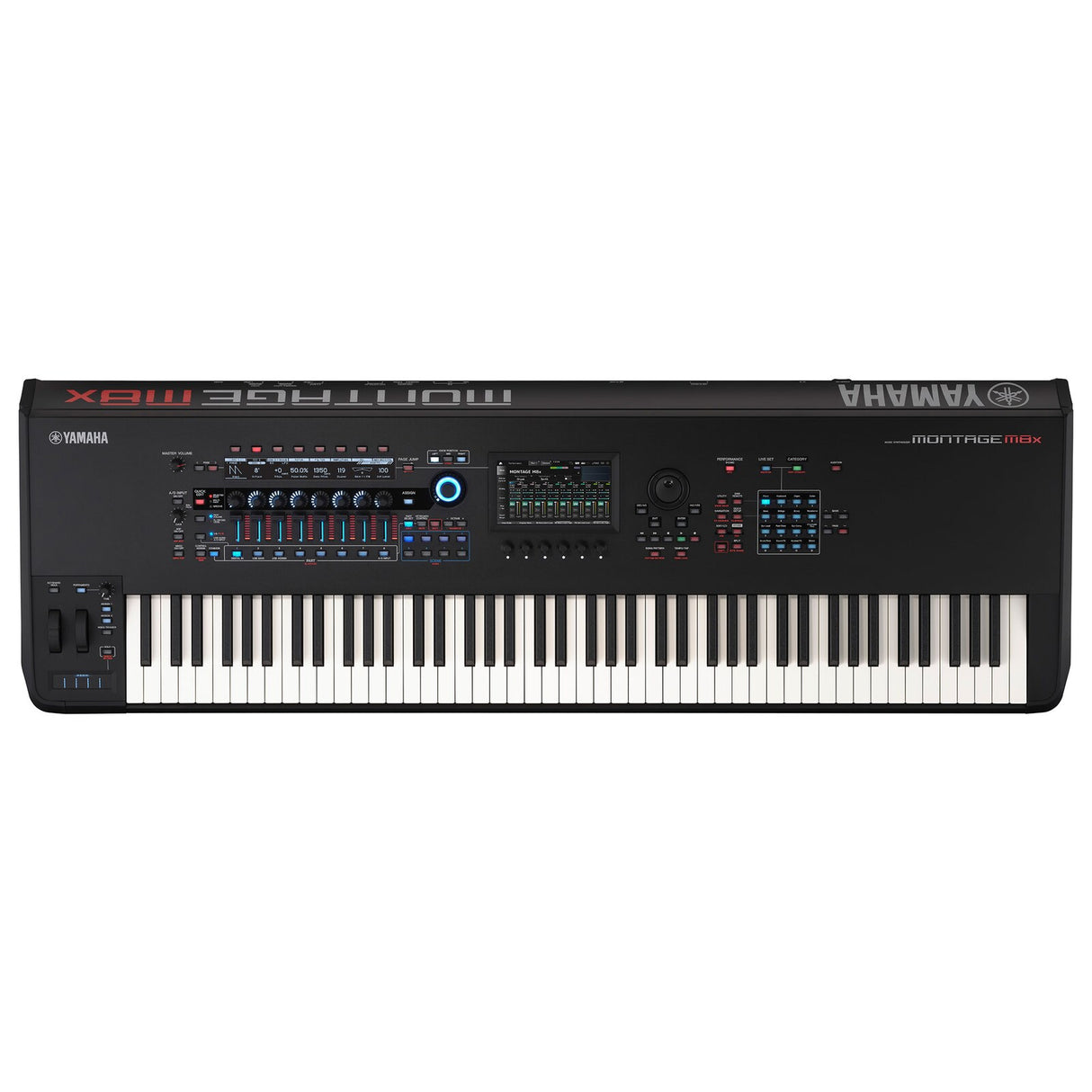 Sintetizador Yamaha MONTAGE M8x, vista superior completa sobre fondo blanco
