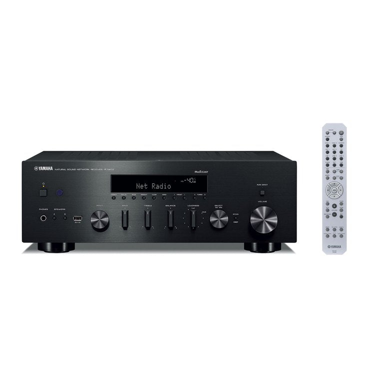 Receptor de red Yamaha R-N602 negro con control, vista completa sobre fondo blanco
