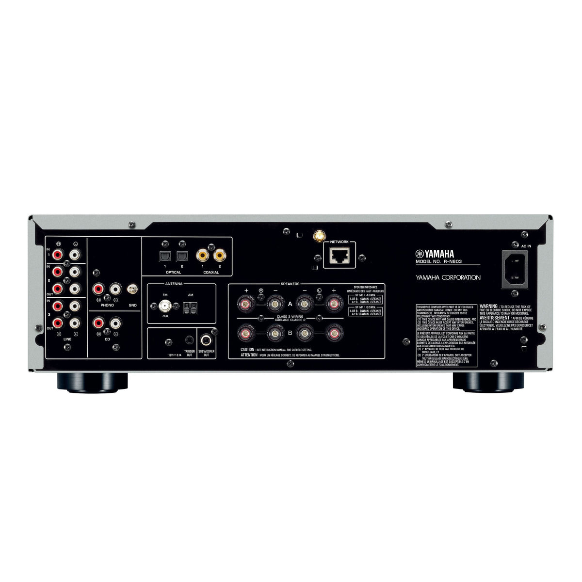 Receptor de red Yamaha R-N803, vista posterior completa sobre fondo blanco