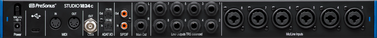 Interfaz PreSonus Studio 1824c negra vista posterior