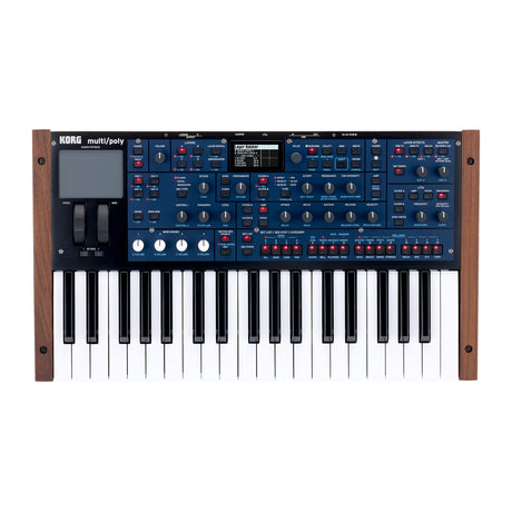 Sintetizador Korg multi/poly vista oficial completa sobre fondo blanco