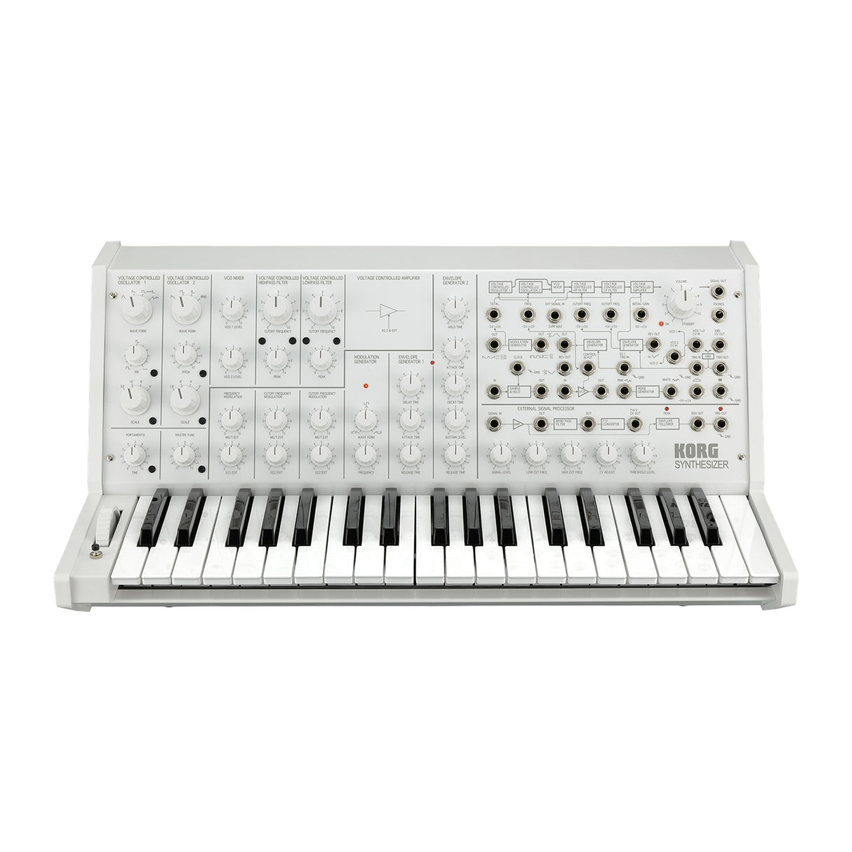 Sintetizador Korg MS 20 FS White vista oficial completa sobre fondo blanco