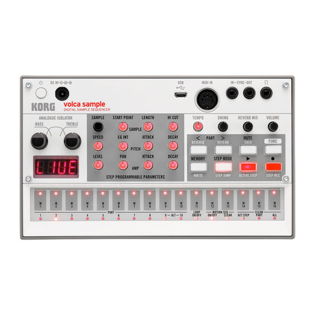Caja de Ritmos Korg Volca Sample2 vista oficial completa sobre fondo blanco