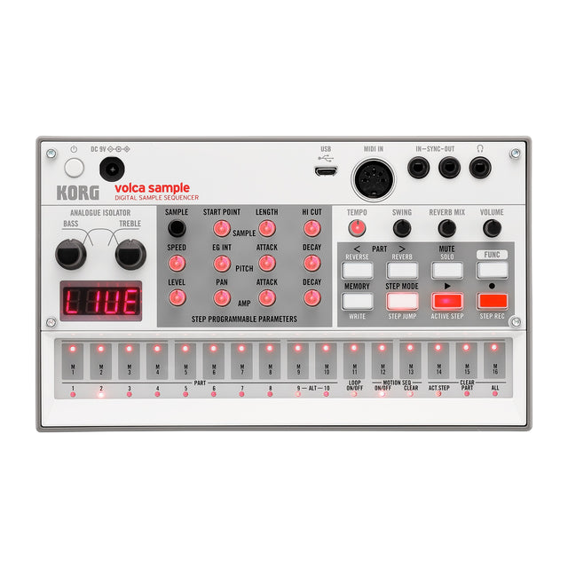 Caja de Ritmos Korg Volca Sample2 vista oficial completa sobre fondo blanco