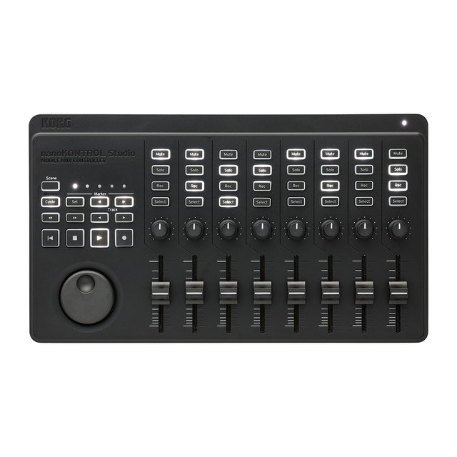 Controlador MIDI Korg nanoKONTROL ST vista oficial completa sobre fondo blanco