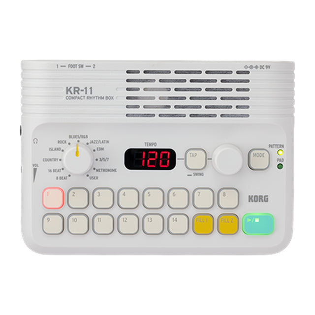 Caja de Ritmos Korg KR 11 vista oficial completa sobre fondo blanco