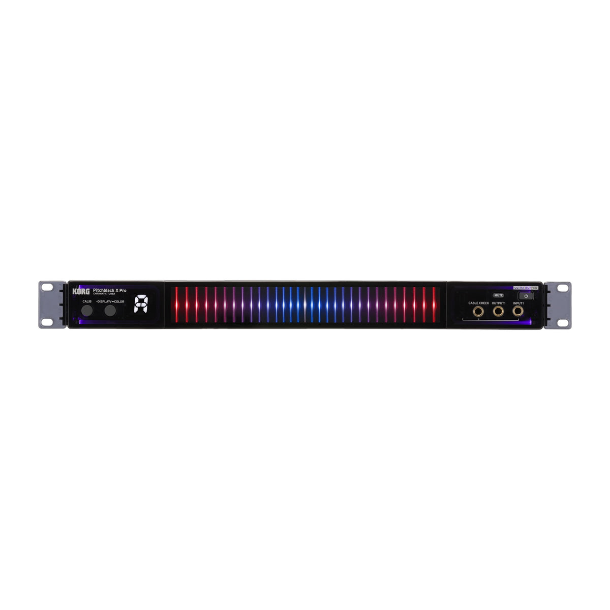 Afinador Korg Pitchblack X Pro vista oficial completa sobre fondo blanco