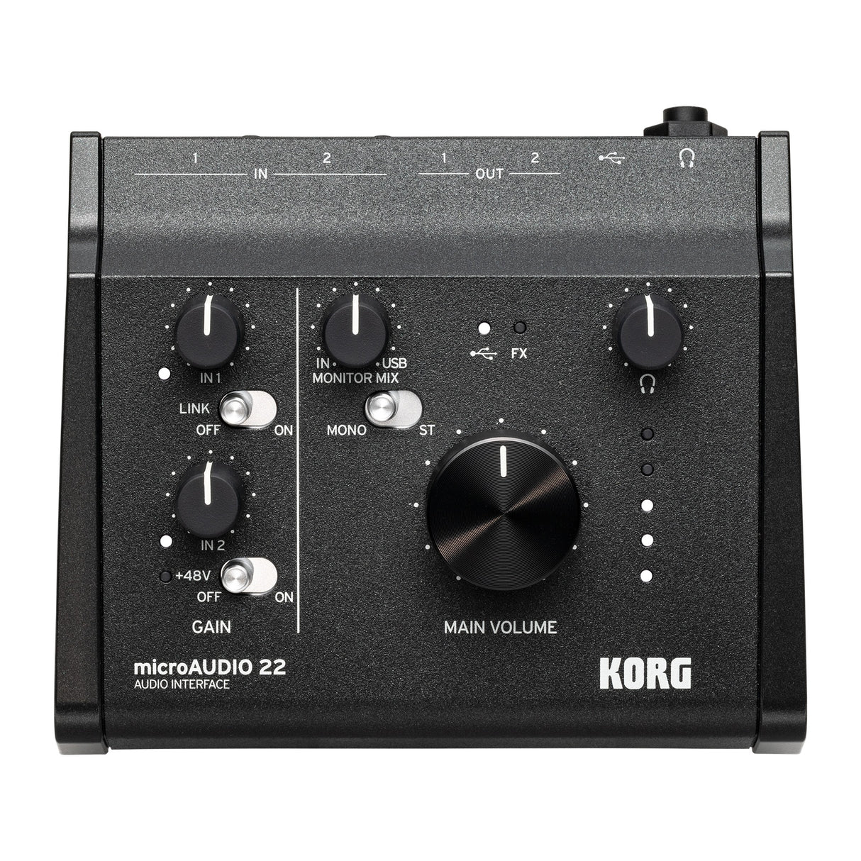 Interfaz de Audio Korg MicroAudio 22 vista oficial completa sobre fondo blanco