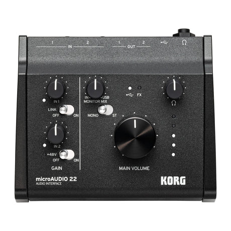 Interfaz de Audio Korg MicroAudio 22 vista oficial completa sobre fondo blanco
