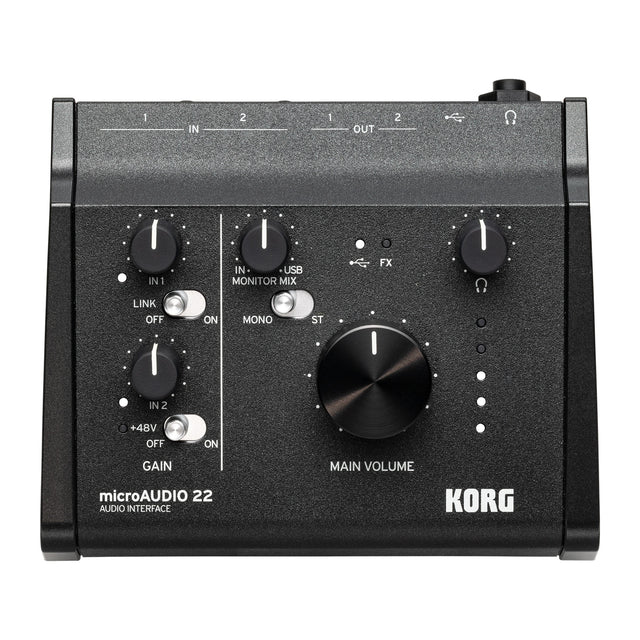Interfaz de Audio Korg MicroAudio 22 vista oficial completa sobre fondo blanco