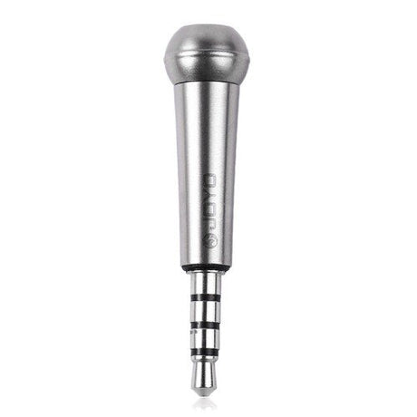 Mini micrófono condensador JOYO I-MIC plateado con conector TRRS sobre fondo blanco