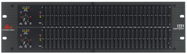 Ecualizador dbx 1231 completo, vista frontal sobre blanco