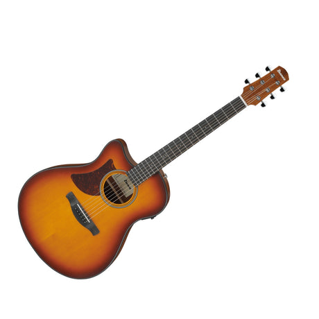 Guitarra electroacústica Ibanez AAM50LCE-OLB Open Pore Light Brown Sunburst, zurda, vista principal diagonal