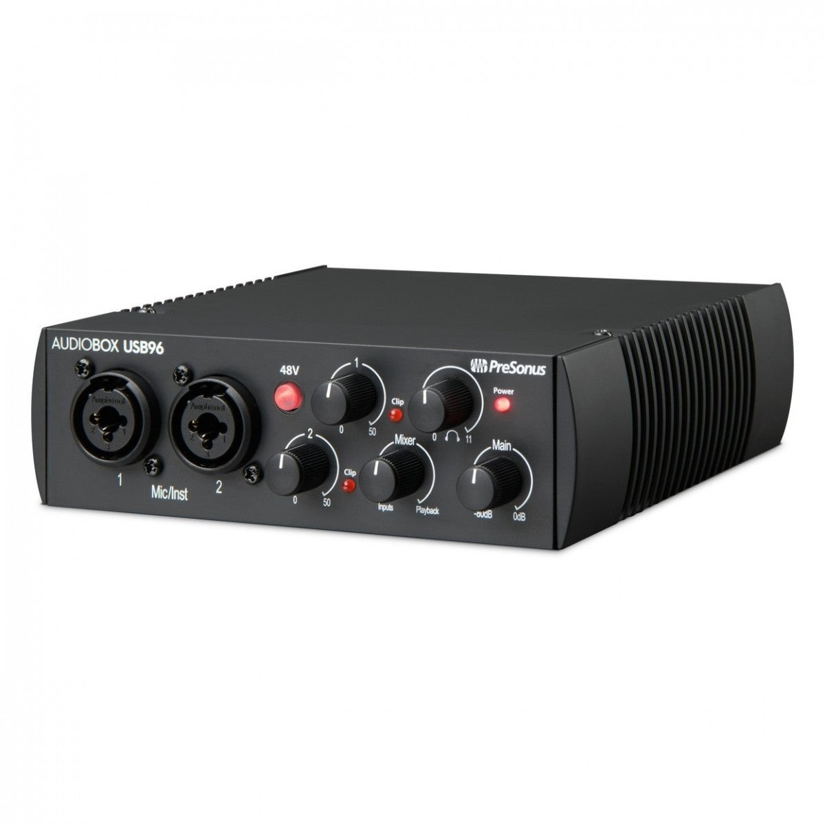 Interfaz PreSonus AudioBox USB 96 del kit Ultimate, vista frontal en ángulo