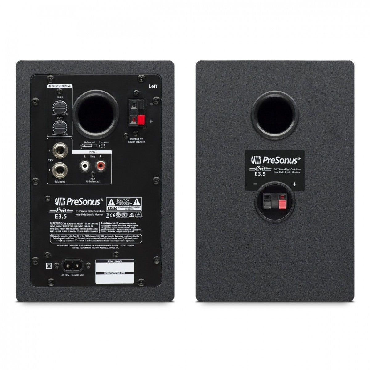Par de monitores PreSonus Eris E3.5 del kit Ultimate, vista posterior con conexiones y controles