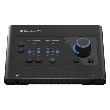 Interfaz PreSonus Quantum ES 2, vista frontal y superior con medidores y perilla principal