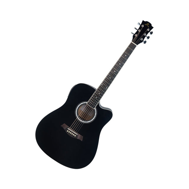 Guitarra Electroacústica Ayson AC4110E Negra en vista diagonal sobre fondo blanco