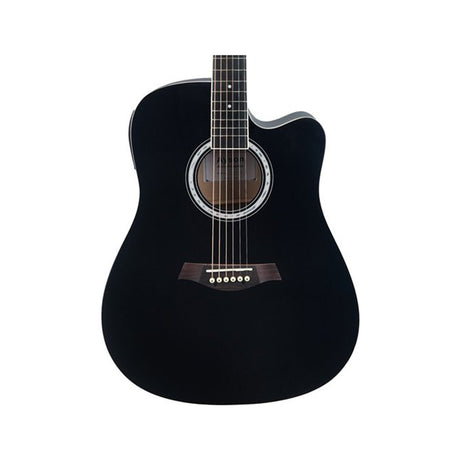 Detalle del cuerpo de la guitarra electroacústica Ayson AC4110E negra sobre fondo blanco