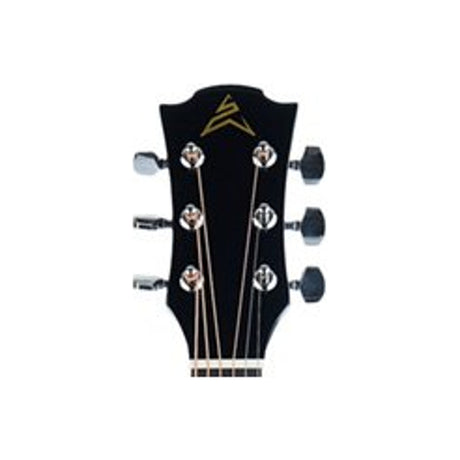 Detalle del clavijero de la guitarra electroacústica Ayson AC4110E negra sobre fondo blanco