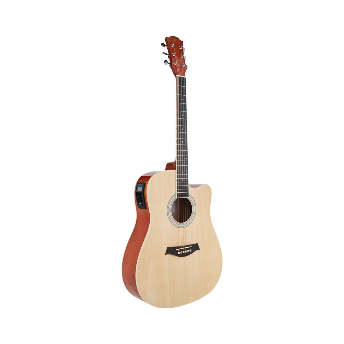 Guitarra electroacústica Ayson AC4110E natural brillante en perspectiva sobre fondo blanco