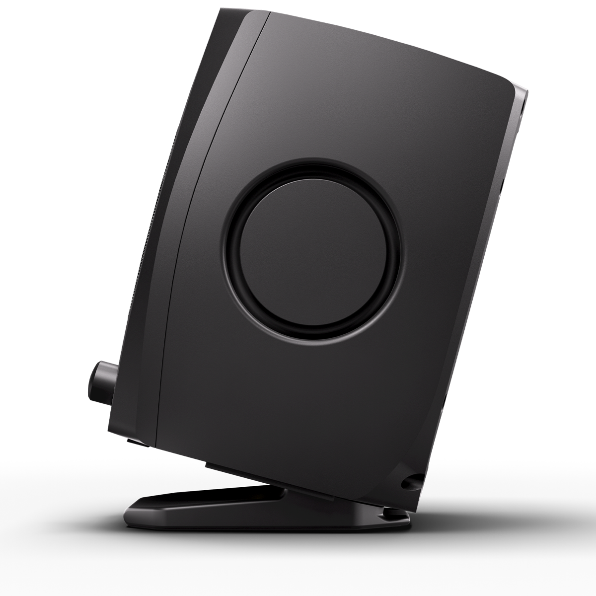 Monitor ADAM Audio D3V negro, vista lateral derecha con radiador pasivo