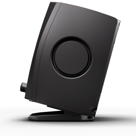 Monitor ADAM Audio D3V negro, vista lateral derecha con radiador pasivo