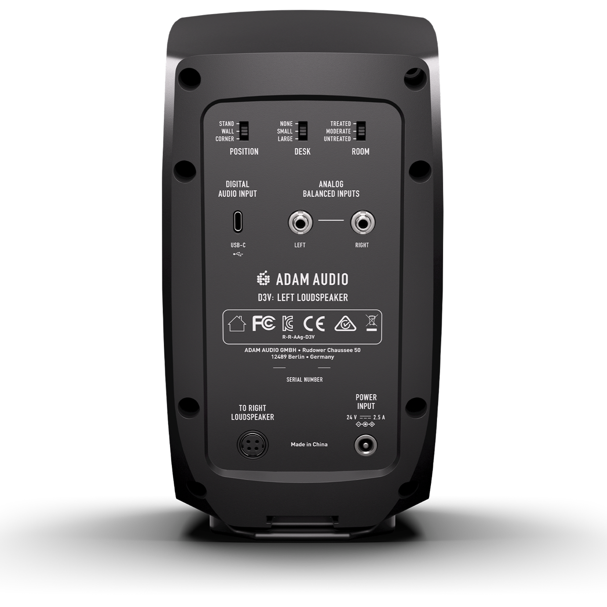 Monitor primario ADAM Audio D3V negro, panel posterior y conexiones