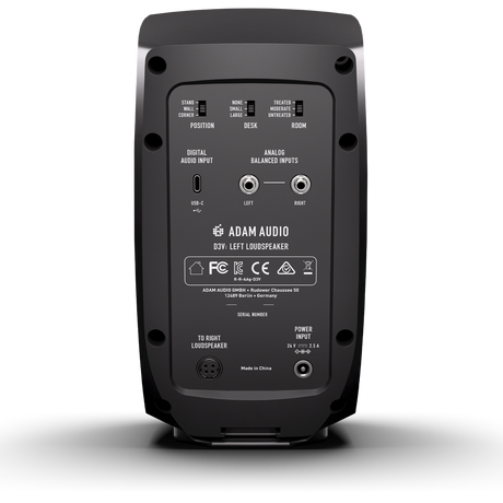 Monitor primario ADAM Audio D3V negro, panel posterior y conexiones