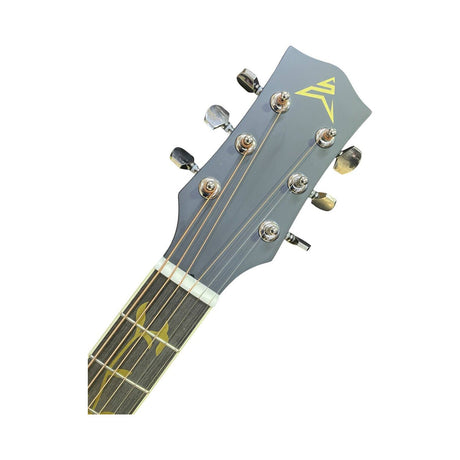 Detalle del clavijero de la guitarra electroacústica Ayson AG4114E negro mate sobre fondo blanco